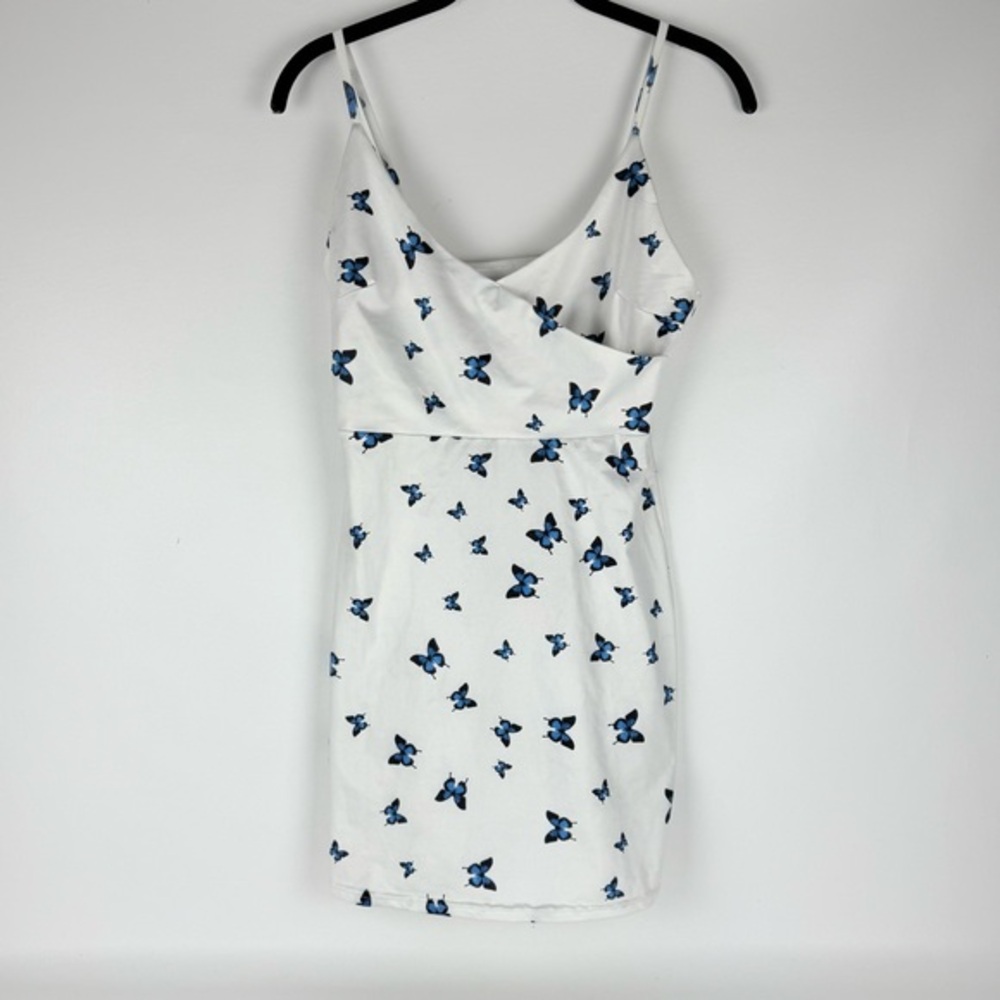 White Dress with Blue Butterfly Pattern